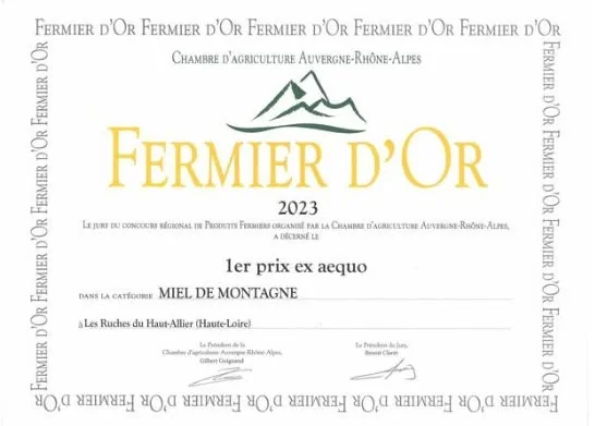 Diplôme Fermier d'Or 2023, premier prix ex aequo, miel de montagne, Les Ruches du Haut-Allier